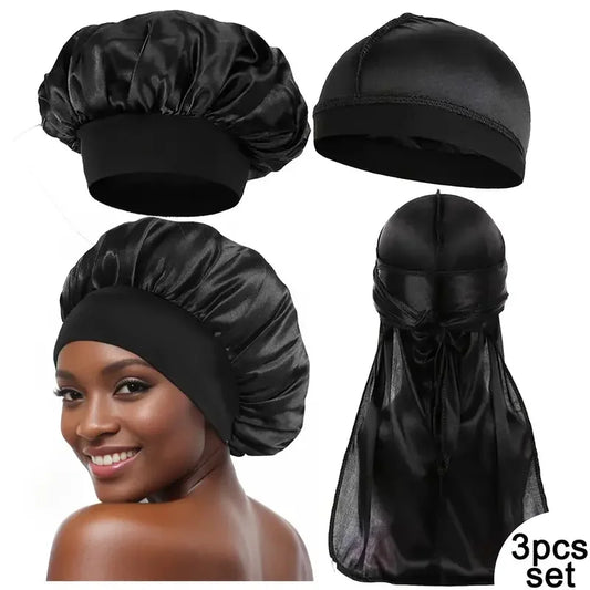 Unisex Women Men Silk Satin Caps 3PCS Set Durag Bonnet Silky Durags